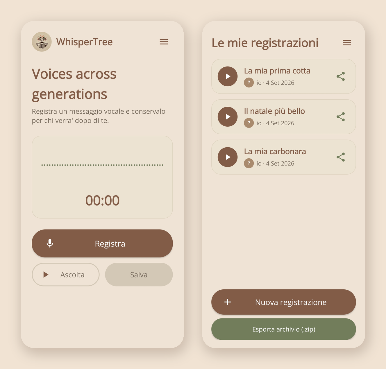 Anteprima delle schermate di registrazione ed elenco dei ricordi WhisperTree